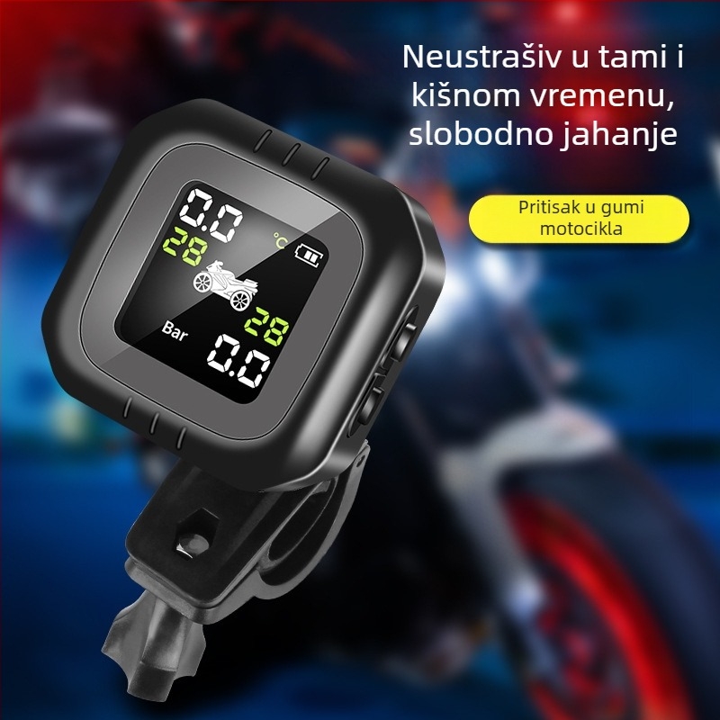 Vanjski monitor tlaka guma motocikla, vodootporan bežični s LCD zaslonom, raspon tlaka 0-7.0 Bar, točnost ±0.1 Bar, domet do 8 m