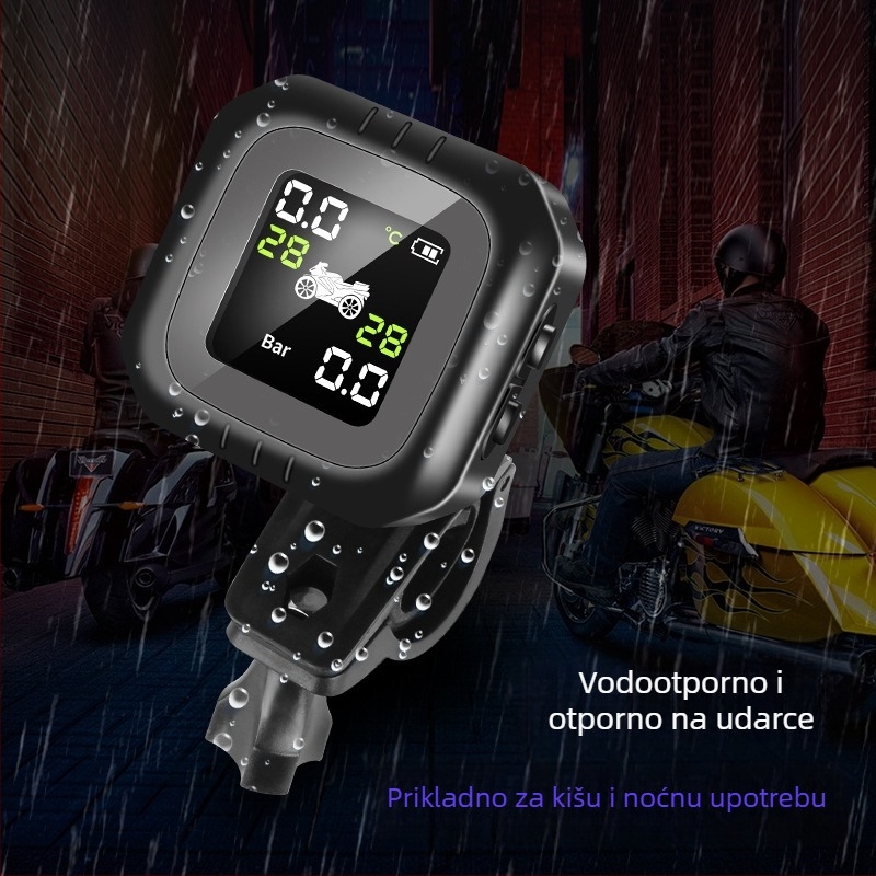 Vanjski monitor tlaka guma motocikla, vodootporan bežični s LCD zaslonom, raspon tlaka 0-7.0 Bar, točnost ±0.1 Bar, domet do 8 m