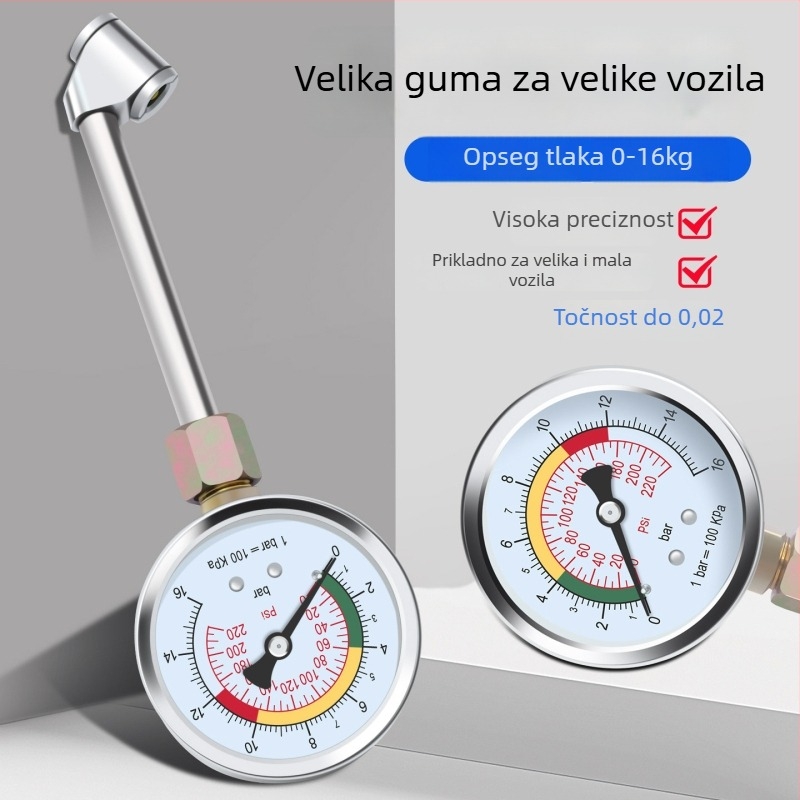 Visokoprecizni mjerač tlaka za automobilne gume, čelično kućište, raspon tlaka 0–16 kg, točnost 0,02, prikaz više jedinica