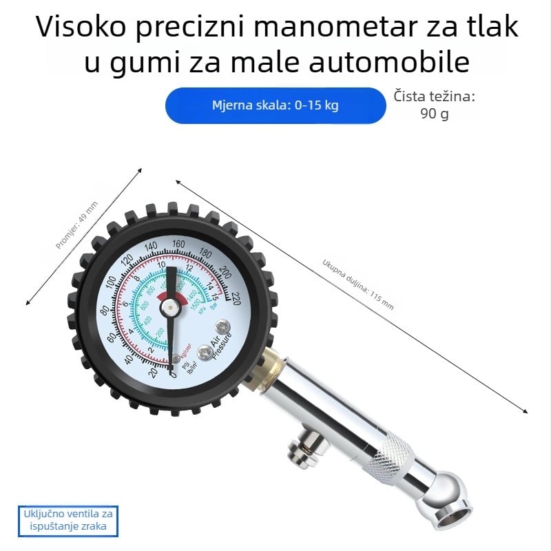 Visokoprecizni mjerač tlaka za automobilne gume, čelično kućište, raspon tlaka 0–16 kg, točnost 0,02, prikaz više jedinica