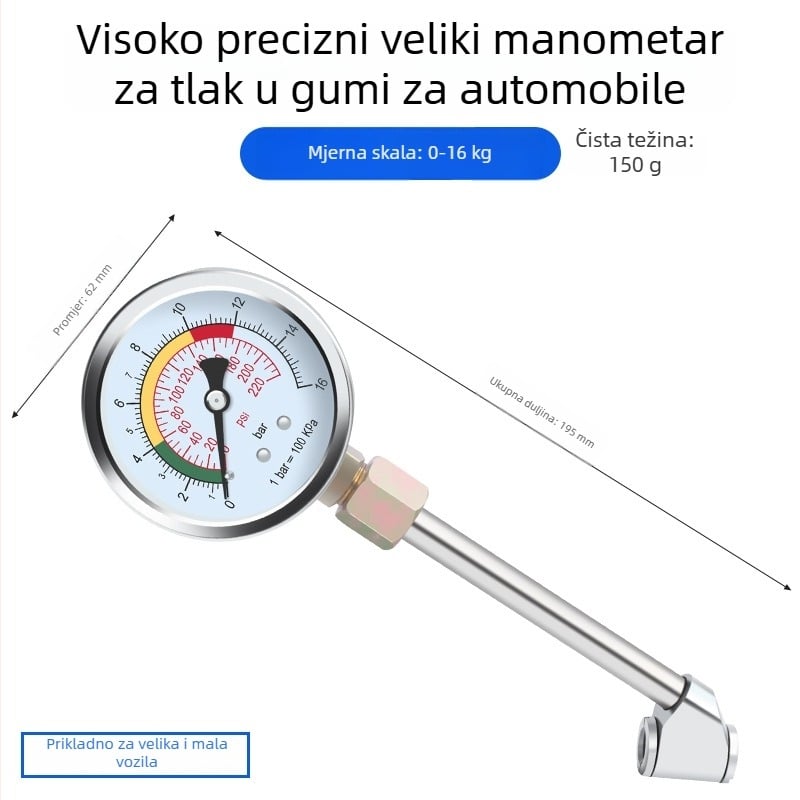 Visokoprecizni mjerač tlaka za automobilne gume, čelično kućište, raspon tlaka 0–16 kg, točnost 0,02, prikaz više jedinica