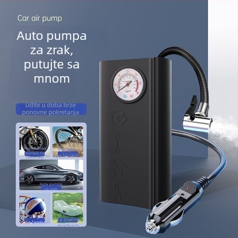 Prenosna pumpa za zrak za automobil, 12V, 120W, 45 L/min, jednocilindrična, manometar, kabel duljine 1,5-3 m