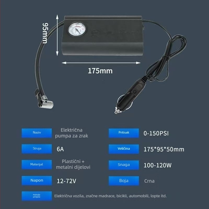 Prenosna pumpa za zrak za automobil, 12V, 120W, 45 L/min, jednocilindrična, manometar, kabel duljine 1,5-3 m