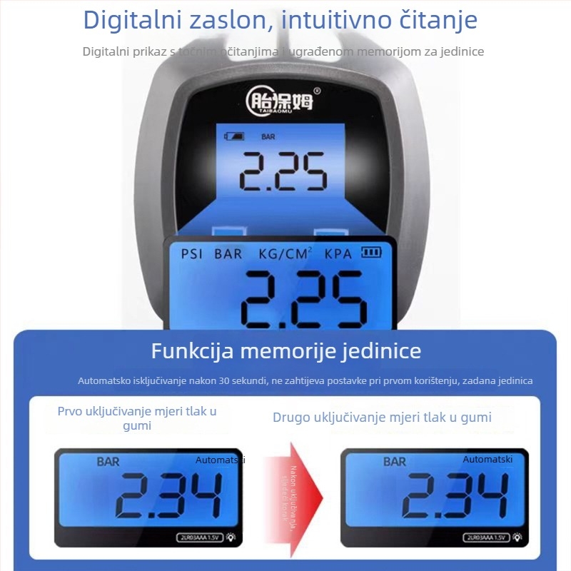 Digitalni mjerač tlaka u gumama automobila s digitalnim zaslonom, raspon 0-200 psi, više jedinica, preciznost 0,01