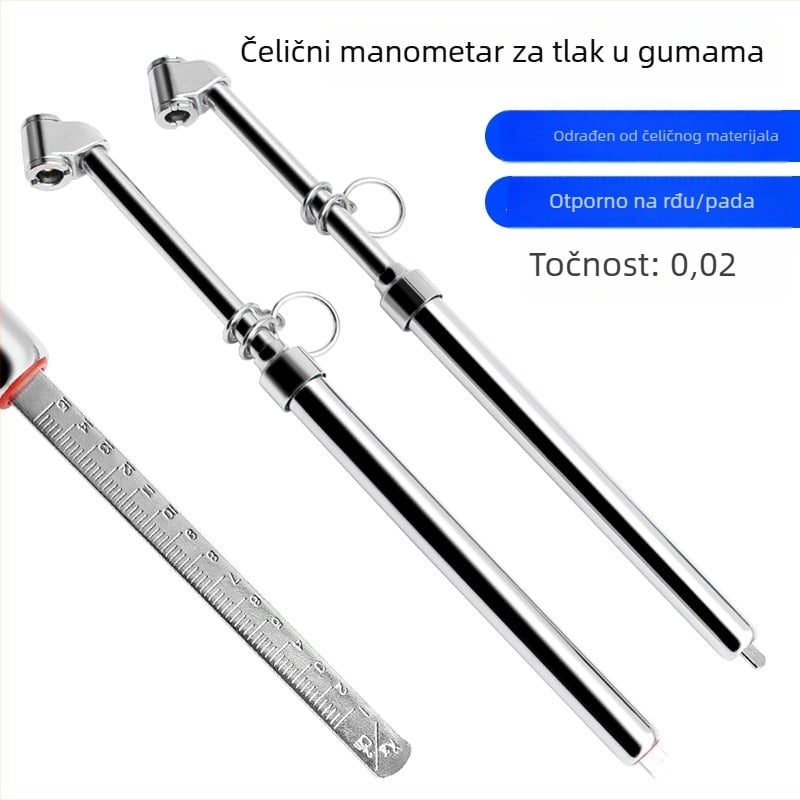 Mini mjerač tlaka guma, čelično kućište, raspon do 180 kg/cm², točnost ±0.02 kg/cm², težina 0.02 kg, bez baterije