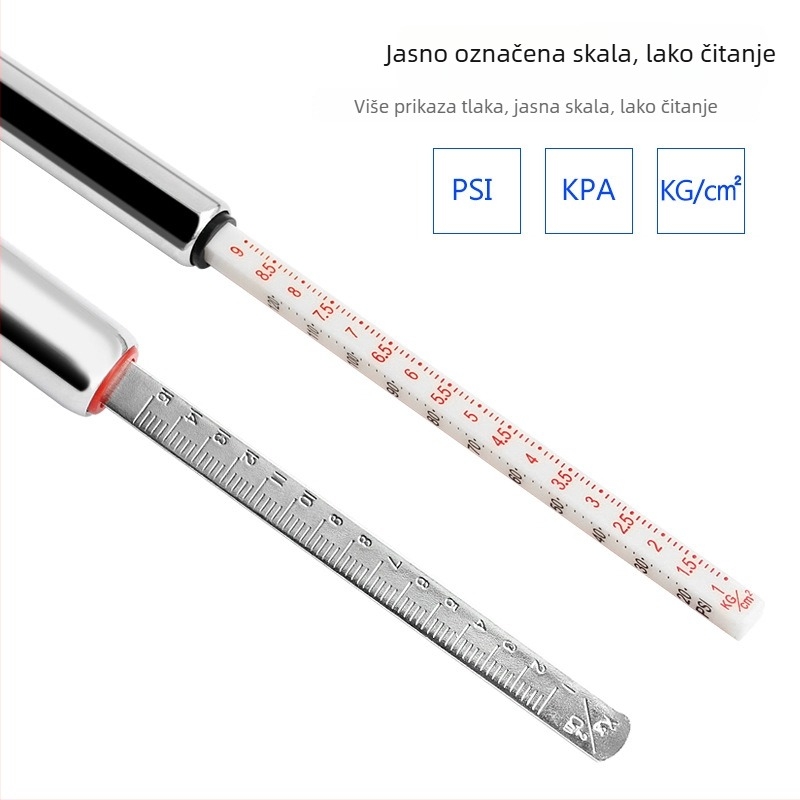 Mini mjerač tlaka guma, čelično kućište, raspon do 180 kg/cm², točnost ±0.02 kg/cm², težina 0.02 kg, bez baterije
