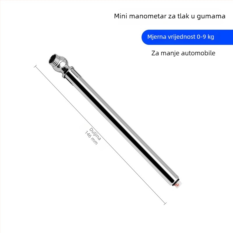 Mini mjerač tlaka guma, čelično kućište, raspon do 180 kg/cm², točnost ±0.02 kg/cm², težina 0.02 kg, bez baterije