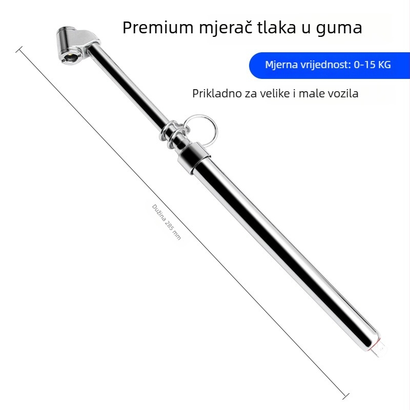 Mini mjerač tlaka guma, čelično kućište, raspon do 180 kg/cm², točnost ±0.02 kg/cm², težina 0.02 kg, bez baterije