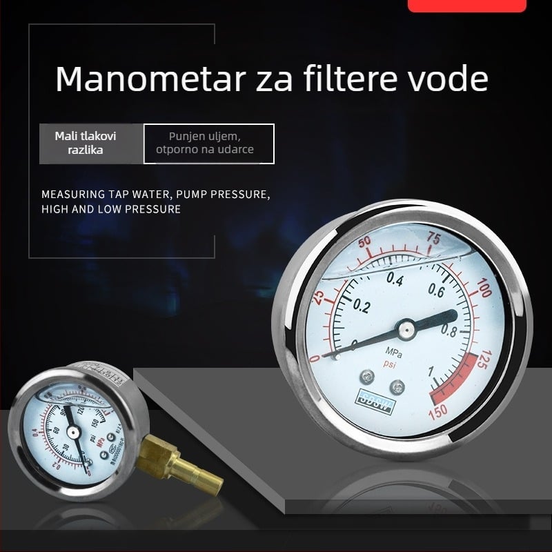 Tlakomjer za pročišćivač vode — nehrđajući čelik, napunjen uljem, za uređaje za pročišćavanje vode