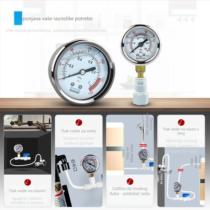 Tlakomjer za pročišćivač vode — nehrđajući čelik, napunjen uljem, za uređaje za pročišćavanje vode