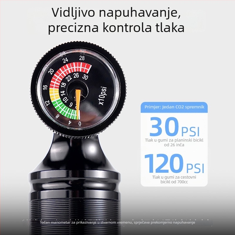 ACRUNU CO2 inflator za cestovni bicikl s vizualnim tlakomjerom, aluminijska legura, kompatibilan s Presta/Schrader ventilima, 130 g