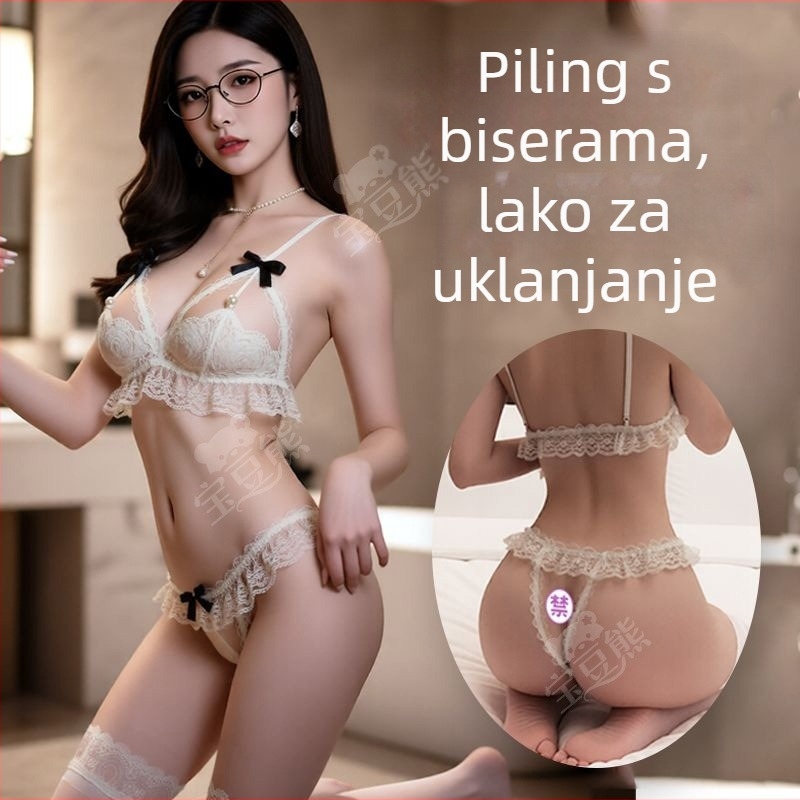 Seksi donje rublje od čipke s perlama, trostruk otvoreni dizajn, poliester 70–80%