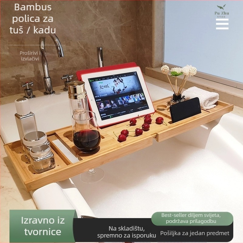 Bambusova kupaonska polica – jednostupanjska, teleskopksa, višefunkcionalni organizator kupaonice s držačem za telefon/tablet, moderan stil