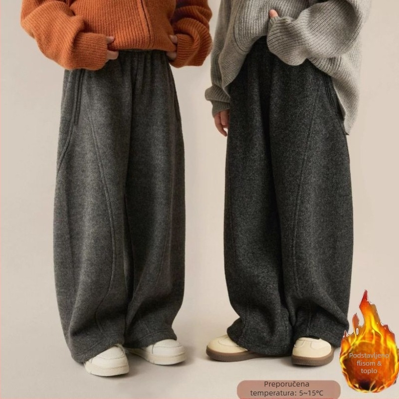 Unisex dječje hlače s flis unutrašnjom, jesen-zima 2026, casual korejski stil, široke hlače s mečastim krojem za stariju djecu