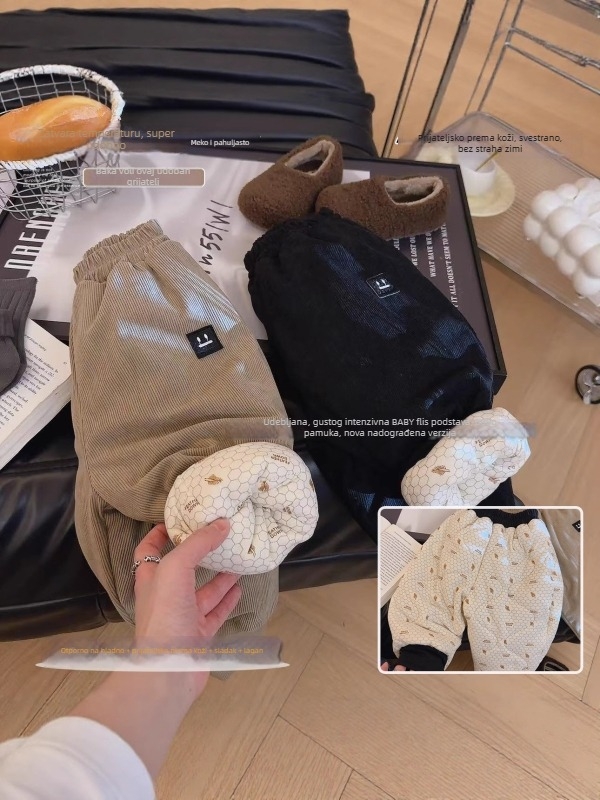 Dječje hlače corduroy, 100% poliester, zima, unisex, ležerni stil, srednji pojas s elastičnom trakom