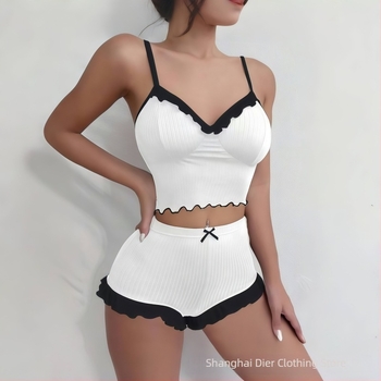 Set za spavanje: Top bez rukava s čipkom i volanima, poliester, udoban, prozračan