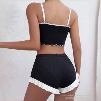 Set za spavanje: Top bez rukava s čipkom i volanima, poliester, udoban, prozračan