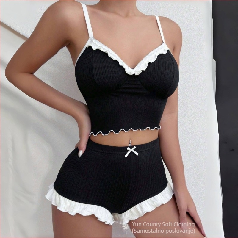 Set za spavanje: Top bez rukava s čipkom i volanima, poliester, udoban, prozračan