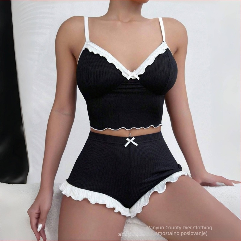 Set za spavanje: Top bez rukava s čipkom i volanima, poliester, udoban, prozračan