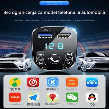 Automobilski Bluetooth MP3 punjač s podrškom USB pogona, FM radio, ulaz 12–24V, monohromatski zaslon