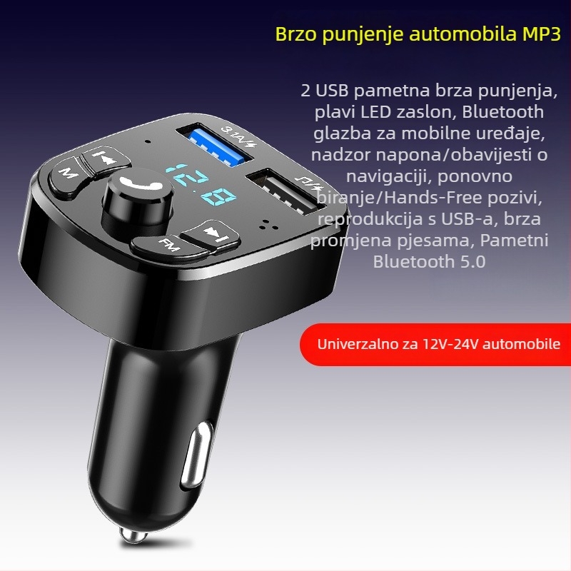 Automobilski Bluetooth MP3 punjač s podrškom USB pogona, FM radio, ulaz 12–24V, monohromatski zaslon