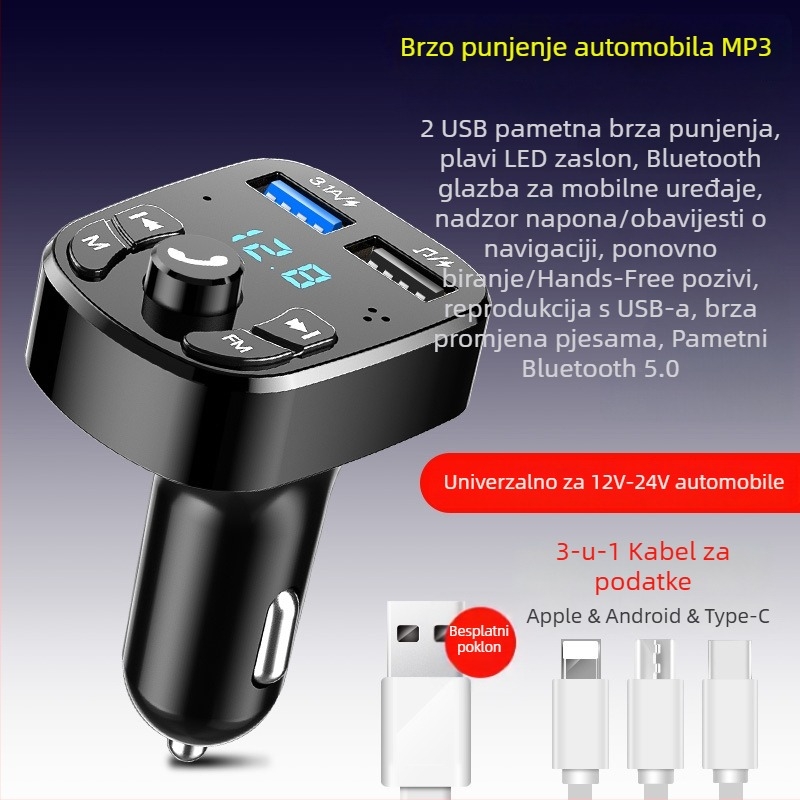 Automobilski Bluetooth MP3 punjač s podrškom USB pogona, FM radio, ulaz 12–24V, monohromatski zaslon