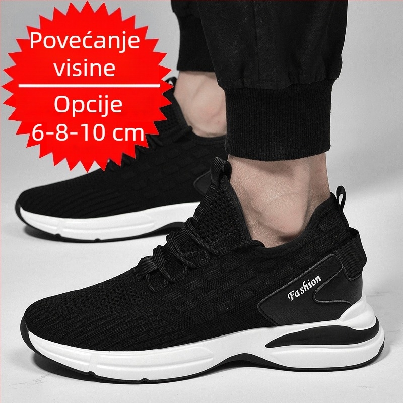 Muške sportske casual tenisice, prozračne gornje PU mreže, gumeni potplat, PU uložak, unutarnje podizanje visine 3–5 cm (Gornji: PU mreža; Potplat: guma; Uložak: PU; Visina pete: 3–5 cm)