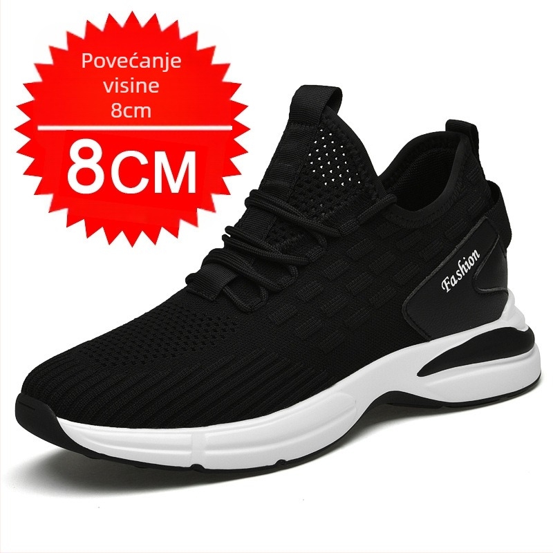 Muške sportske casual tenisice, prozračne gornje PU mreže, gumeni potplat, PU uložak, unutarnje podizanje visine 3–5 cm (Gornji: PU mreža; Potplat: guma; Uložak: PU; Visina pete: 3–5 cm)