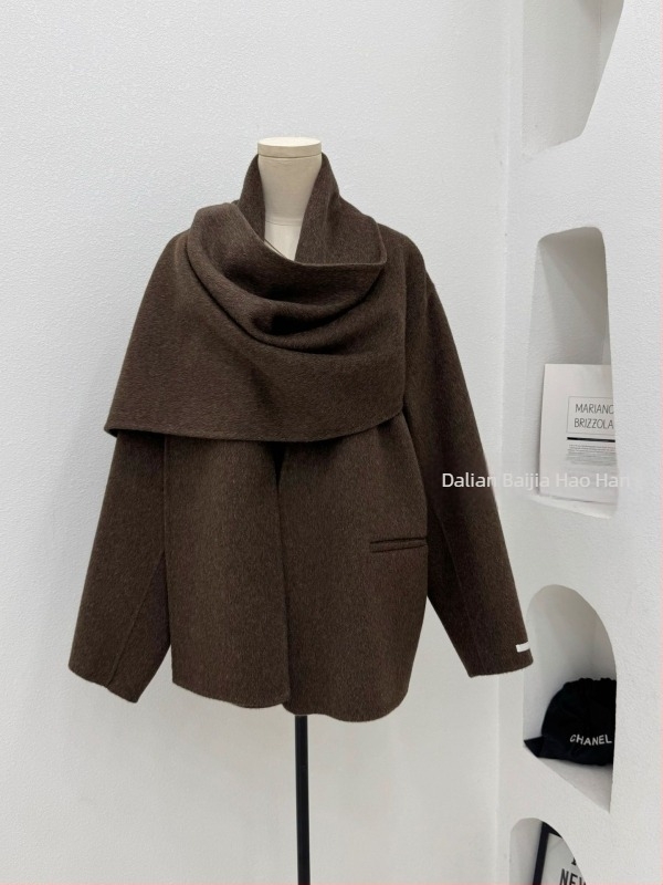 Ženski vuneni kaput sa šal-gornjim ovratnikom, dvostrani, kratka dužina, jednobojna boja, japansko-korejski casual stil