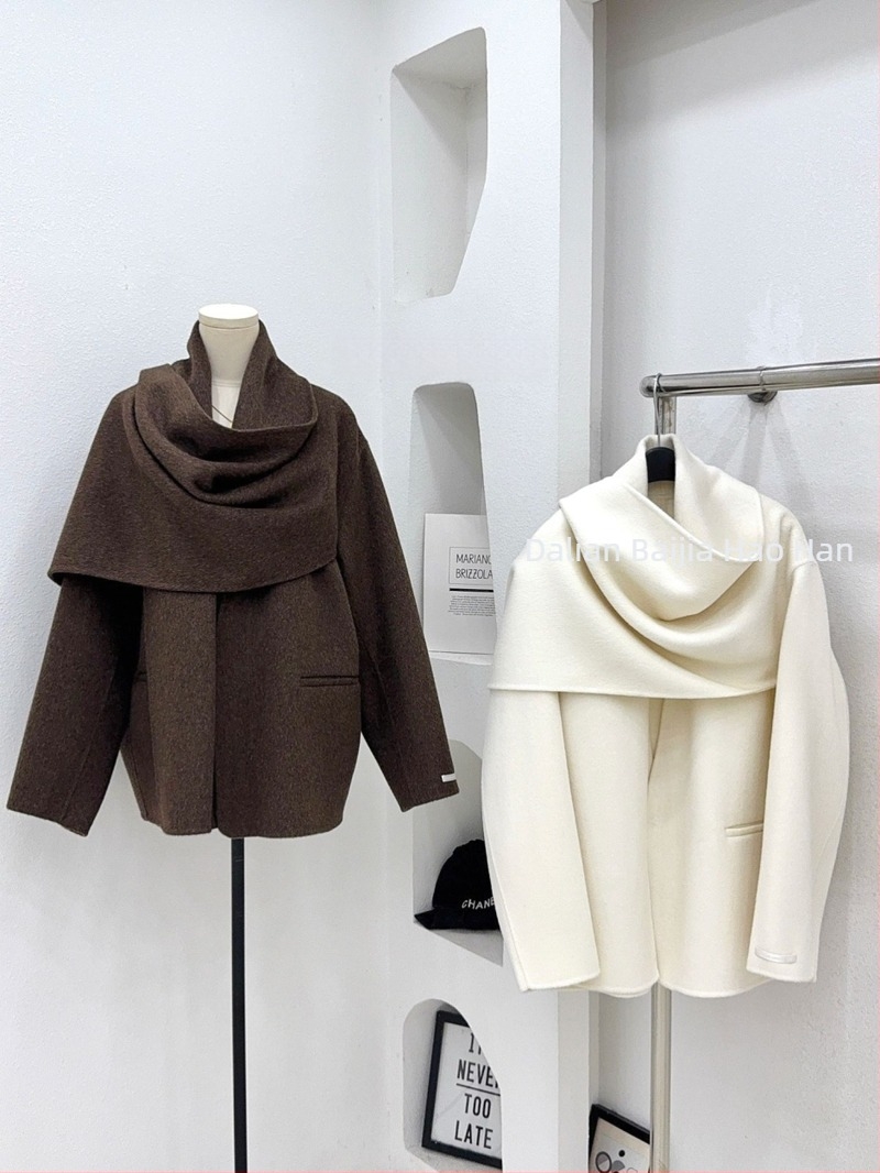 Ženski vuneni kaput sa šal-gornjim ovratnikom, dvostrani, kratka dužina, jednobojna boja, japansko-korejski casual stil