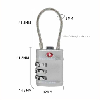 TSA201 3-znamenkasta kombinacijska brava od cinkovog legura za prtljagu; pogodna za kofer, kolica i ruksak; debljina šipke 3 mm; razmak šipki 16 mm