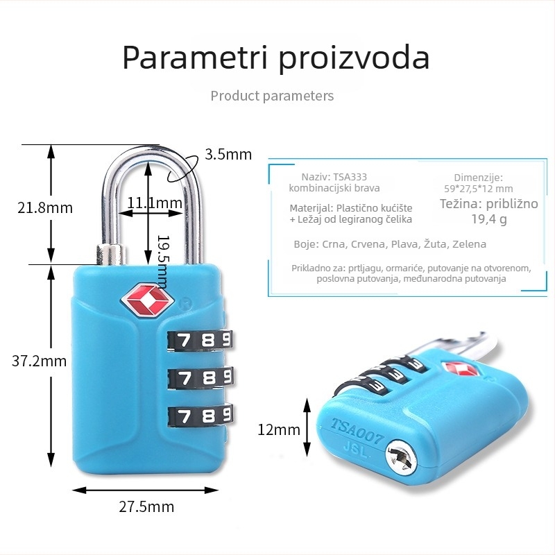 Mehanička brava s 3-cifrenim kodom, ABS plastika, model 333, za prtljagu i torbe
