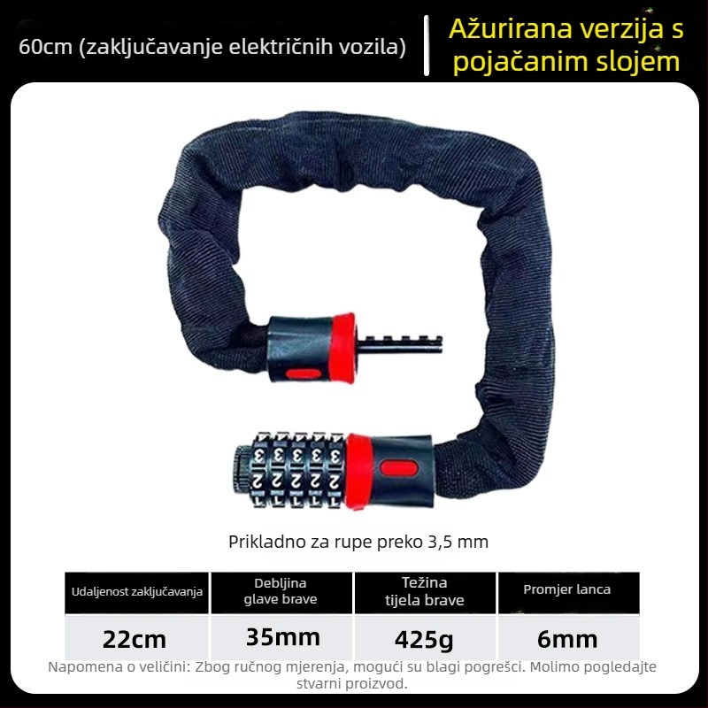 Mehanički lančani lokot za električna vozila i motocikle — legura čelika, model: lančani lokot, debljina zaključnog štapa 3–8 mm