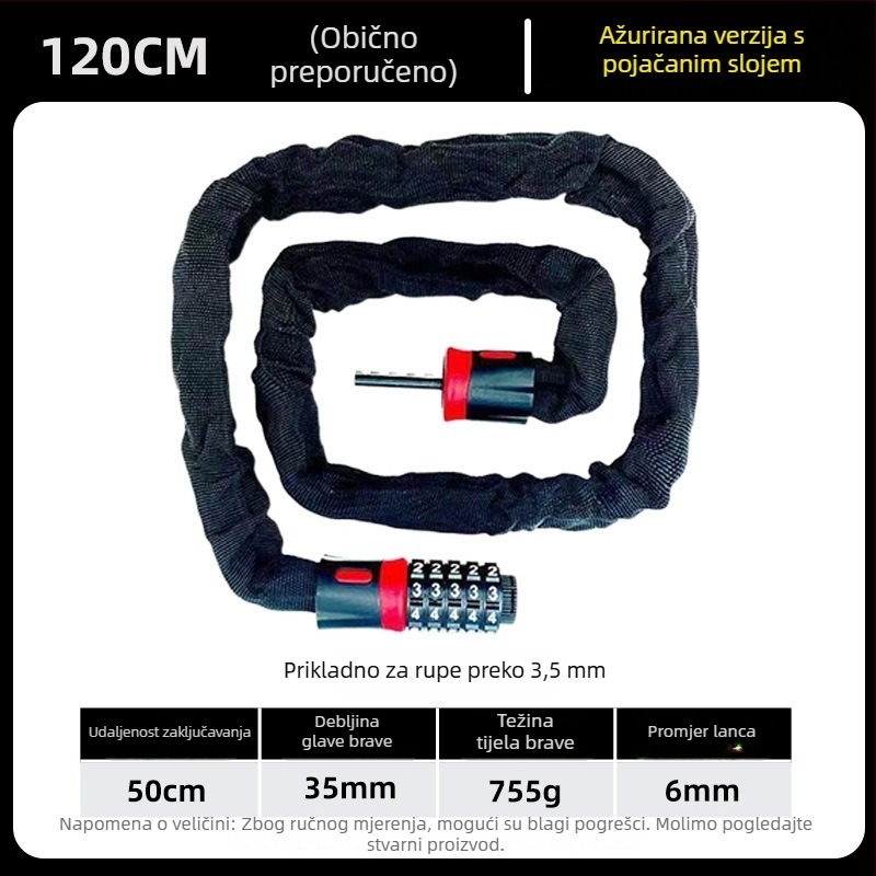 Mehanički lančani lokot za električna vozila i motocikle — legura čelika, model: lančani lokot, debljina zaključnog štapa 3–8 mm