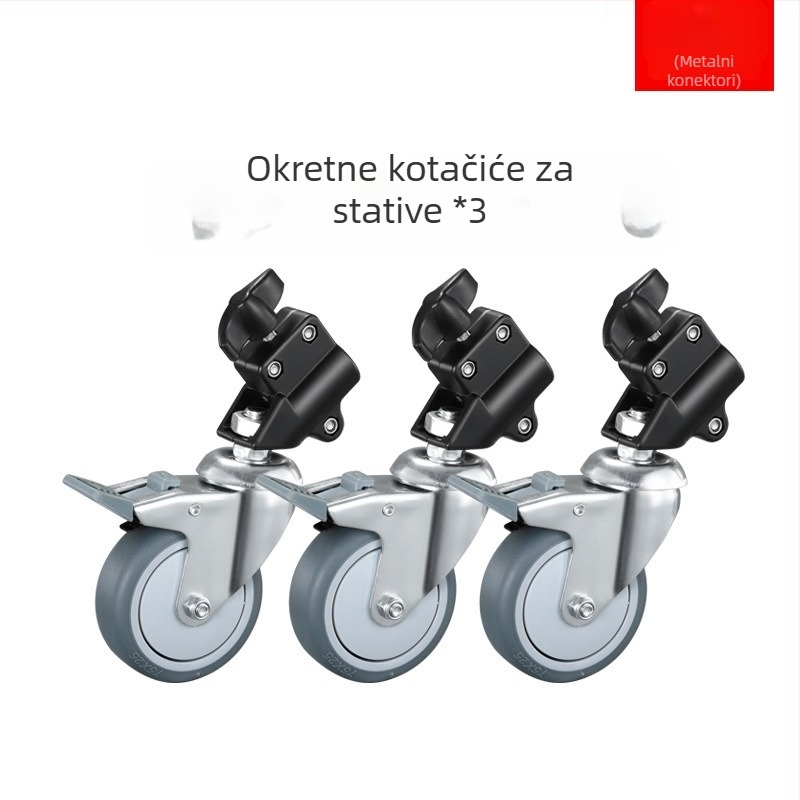 Stalak za rasvjetu s trokutnim nogama i kotačićima s kočnicom, aluminijska legura, univerzalni nosač za kameru