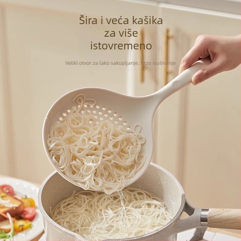 Silikonasta kuhača za kuhanje sa cediljkom, otporna na visoke temperature, s plastičnim držalom, pogodna za rezance i knedle, višenamjenska