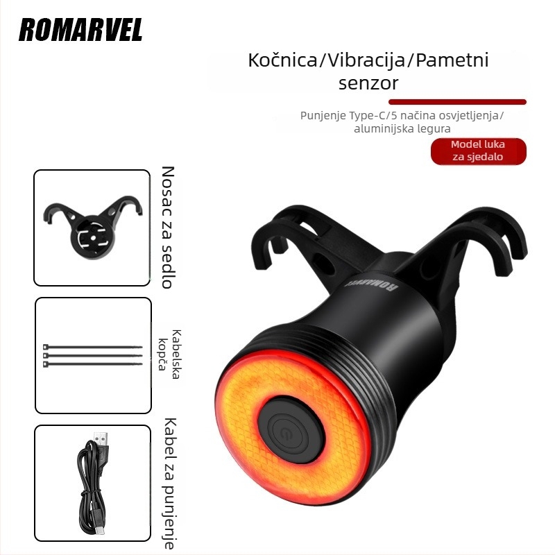 Q5Mini stražnje svjetlo za bicikl s inteligentnim senzorom kočenja — USB-C punjenje, ugradnja snap, 500 mAh baterija, pogodno za noćnu vožnju