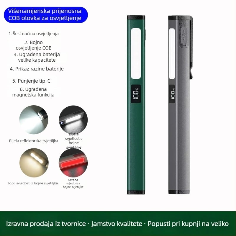 LED svjetiljka u obliku kemijske olovke, punjiva, magnetska, otporna na padove, za kampiranje i provjeru vozila (3W, 120lm, 400mAh, Type-C punjenje)