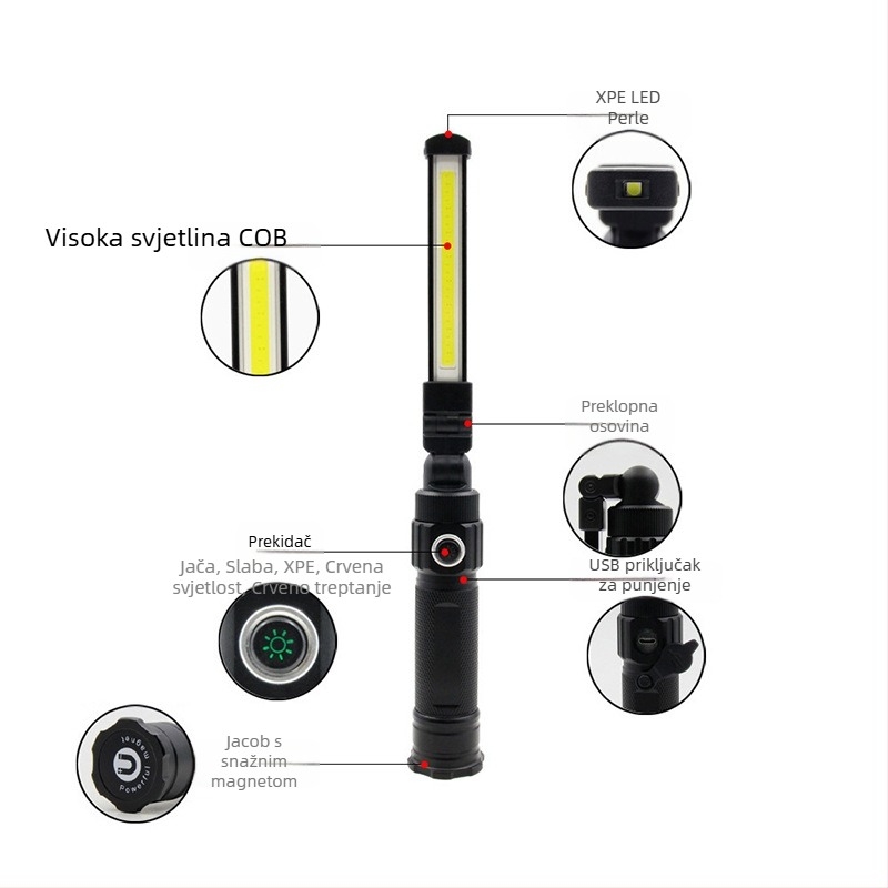COB sklopiva radna svjetiljka s magnetskom bazom – 2800mAh punjiva LED, 360° rotacija, aluminijska legura, prijenosna za kampiranje i hitne situacije