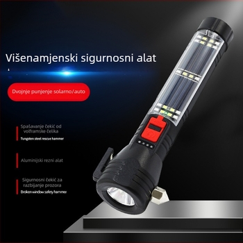 Solarni automobilni sigurnosni čekić s LED svjetlom i probojem prozora, višenamjenska automobilna lampica za održavanje, 1800mAh, solarno punjenje, 5W, domet do 200 m