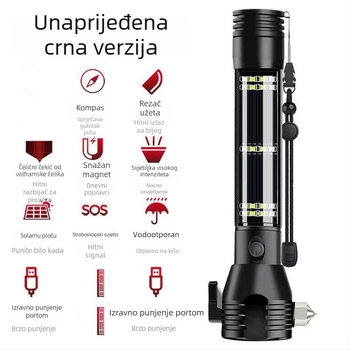 Solarni automobilni sigurnosni čekić s LED svjetlom i probojem prozora, višenamjenska automobilna lampica za održavanje, 1800mAh, solarno punjenje, 5W, domet do 200 m