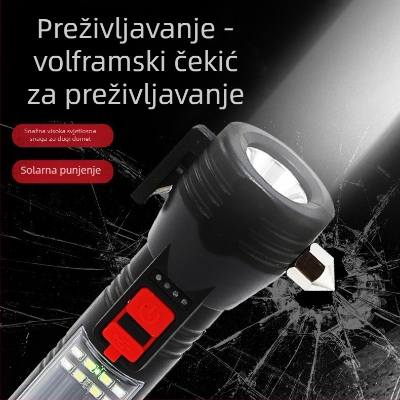 Solarni automobilni sigurnosni čekić s LED svjetlom i probojem prozora, višenamjenska automobilna lampica za održavanje, 1800mAh, solarno punjenje, 5W, domet do 200 m