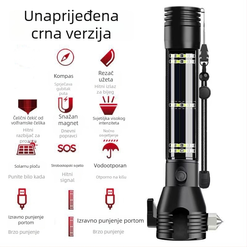 Solarni automobilni sigurnosni čekić s LED svjetlom i probojem prozora, višenamjenska automobilna lampica za održavanje, 1800mAh, solarno punjenje, 5W, domet do 200 m