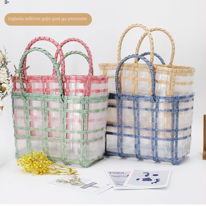 Ručna pletena torba od slame, stil književnosti i umjetnosti, horizontalni kvadratni oblik, ručna izrada, tkanina podstava, vanjska otvorena džep