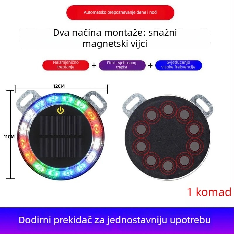 LED stražnje svjetlo za vozila • Solarna energija • Magnetni nosač • ABS kućište • Kompatibilno s kamionom, automobilom, triciklom i tramvajem