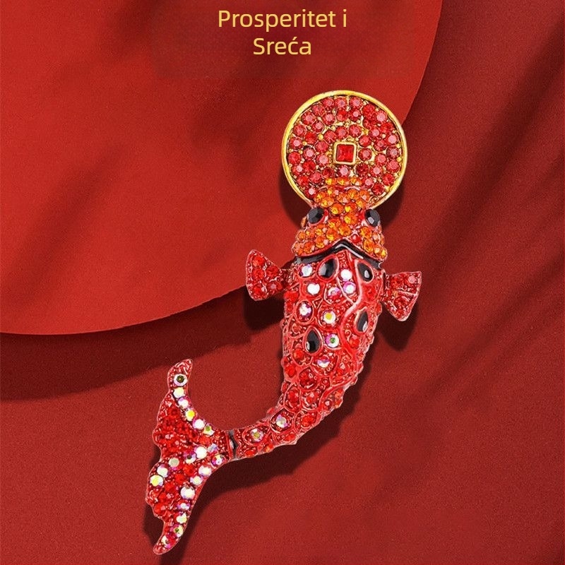 Koi broš, cinkova legura, vintage stil, unisex, dijamantni završetak