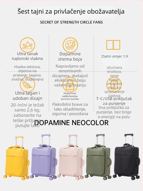 Ultra lagani nylon kofer za kabinu s univerzalnim kotačićima, zatvaranje na zip, težina 2,6 kg, vodootporan, s katancem