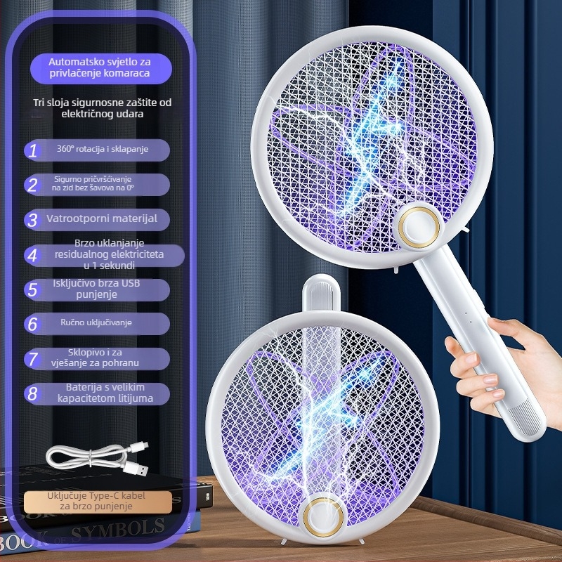 Sklopiva 3‑u‑1 električna mreža za komarce sa plavim UV svjetlom, USB zidna montaža, ugrađena baterija 501–800 mAh, pokrivenost do 10 m²