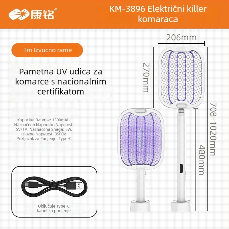 Električna mrežica za komarce – punjiva, sklopiva 2-u-1, Type-C punjenje, LED svjetlo, UV lampa