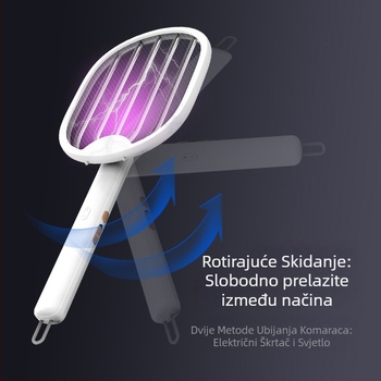 Električna raketa za komarce i lampica – Dvostruka funkcija, Sklopiva 0–180°, Punjiva za 2 sata, Ugrađena baterija 500 mAh, LED svjetlo